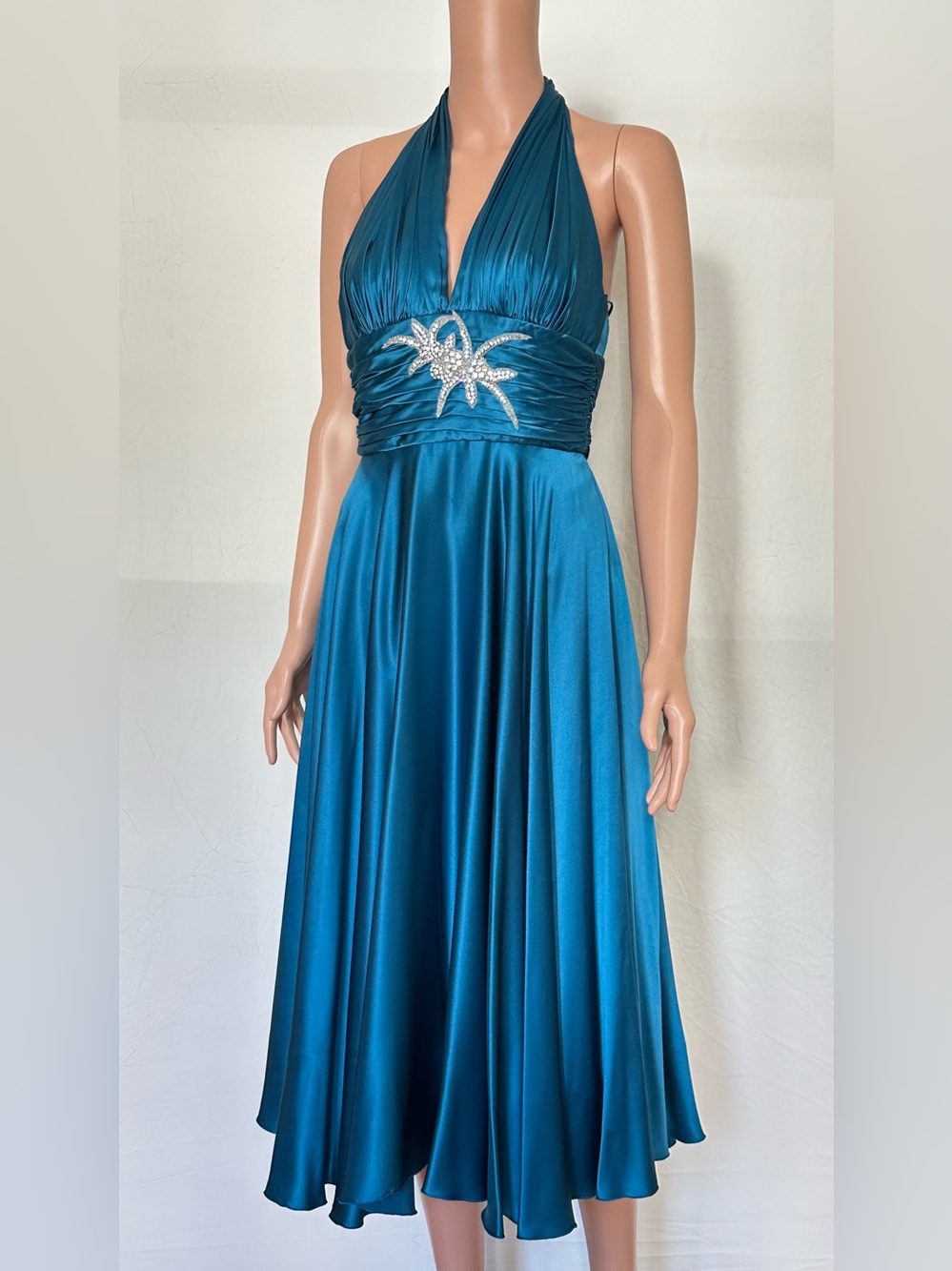 Halter dress,  Teal Satin Cocktail Dress with Crystal Accent.  Marilyn Monroe.